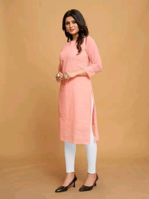 Georgette Chikankari Kurti for Women (Peach, M)