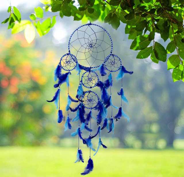 Wall Hanging With 5 Rings Metal & Feathers For Home Decoration (Blue) (Du-001)