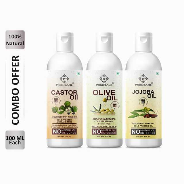 PuriFlame Pure Castor Oil (100 ml) & Olive Oil (100 ml) & Jojoba Oil (100 ml) Combo For Rapid Hair Growth (Pack Of 3) (B-3520)