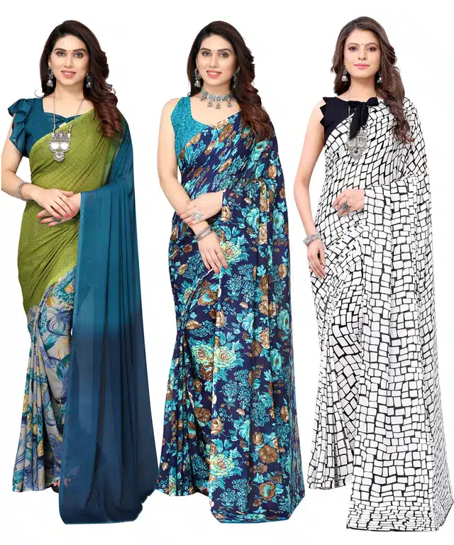 Women's Designer Floral Printed Saree with Blouse Piece (Pack of 3) (Multicolor) (SD-135)