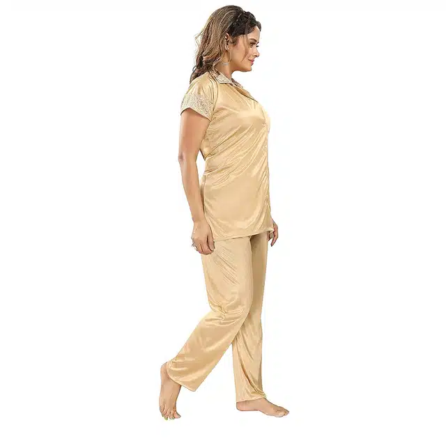 Satin T-Shirt with Trouser Nightsuit Set for Women (Beige, M)