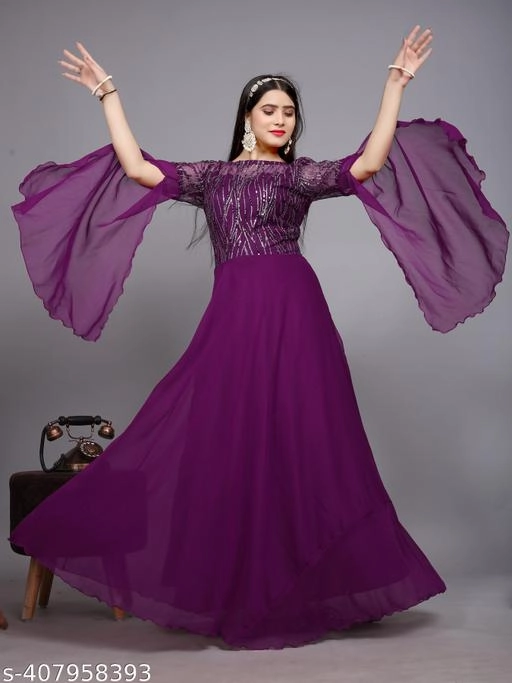 Georgette Embellished Gown for Women (Wine, S)