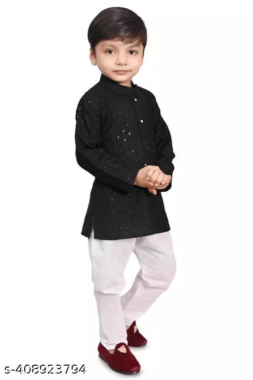 Rayon Embroidered Kurta with Pyjama for Boys (2-3 Years, Black & White)