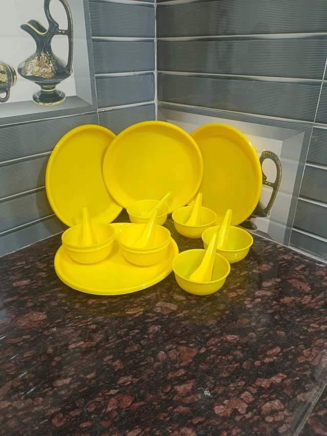 Combo of Dinner Full Plates (27 cm) with Bowls (300 ml) & Soup Spoons (Yellow, Set of 6)