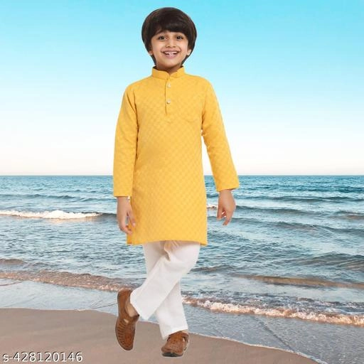 Cotton Blend Kurta with Pyjama for Boys (Yellow & White, 1-2 Years)