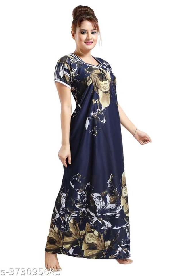 Satin Nightdress for Women (Navy Blue, L)