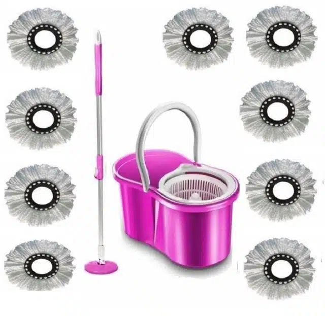 Plastic Spin Bucket Mop with 9 Refill (Pink, Set of 1)