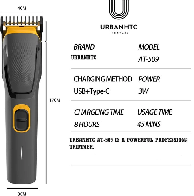 UrbanHTC AT 509 Cordless Professional Hair Trimmer Waterproof Stainless Steel Blade Trimmer 45 min Runtime 5 Length Settings  (Black)