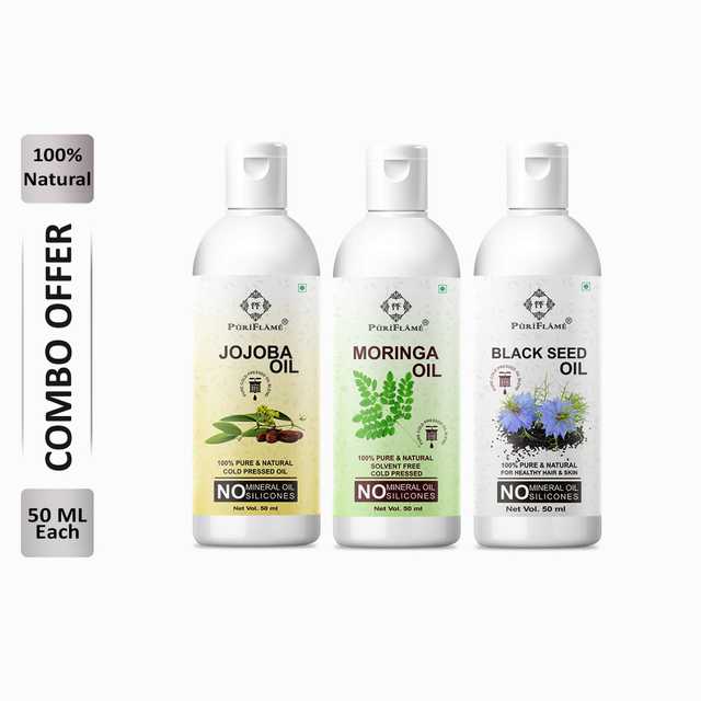 Puriflame Pure Jojoba Oil (50 ml), Moringa Oil (50 ml) & Black Seed Oil (50 ml) Combo for Rapid Hair Growth (Pack of 3) (B-11522)