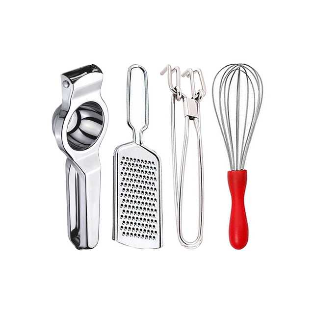 Oc9 Stainless Steel Lemon Squeezer & Cheese Grater & Pakkad & Egg Whisk Kitchen Tool Set (O-53)