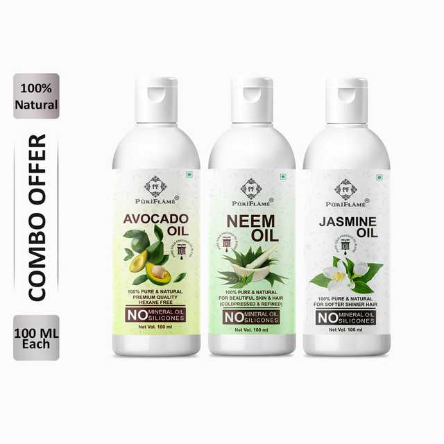 PuriFlame Pure Avocado Oil (100 ml) & Neem Oil (100 ml) & Jasmine Oil (100 ml) Combo For Rapid Hair Growth (Pack Of 3) (B-2475)