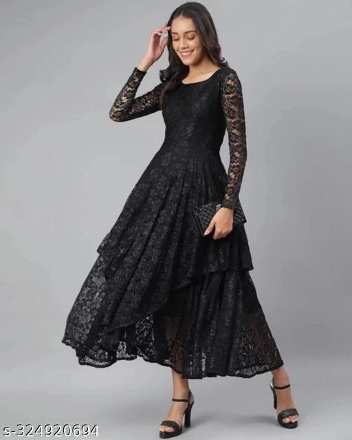 Net Self-Design Dress for Women (Black, S)