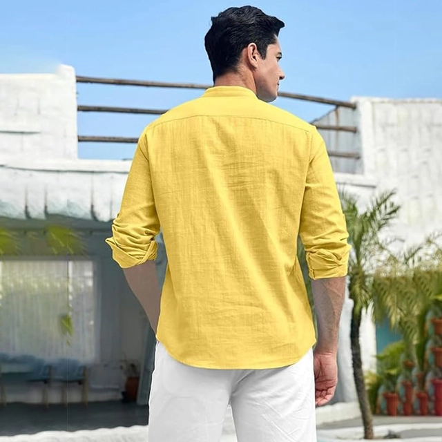 Cotton Solid Kurta for Men (Yellow, S)