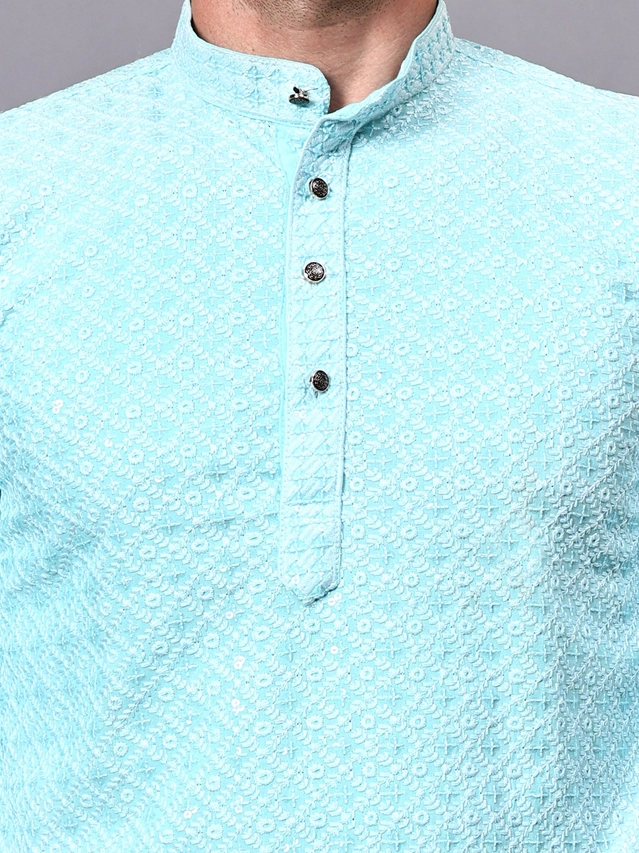 Rayon Embroidered Kurta with Pyjama for Men (Aqua Blue & White, S)