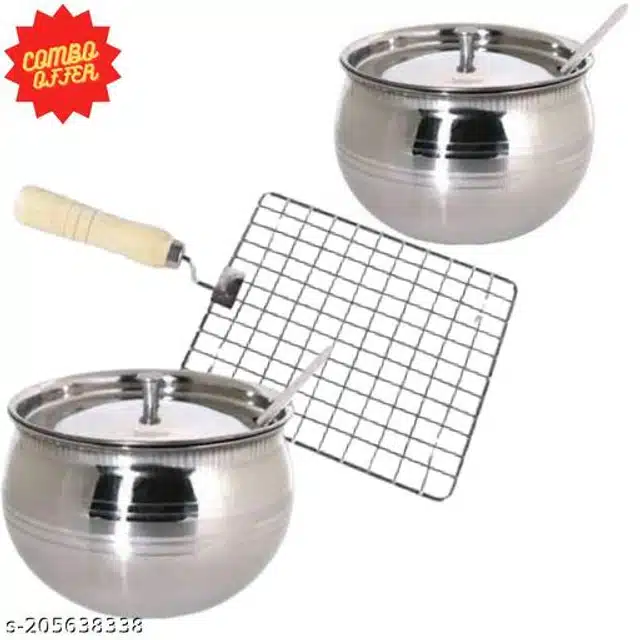 Stainless Steel Oil Container Pot Set (2 Pcs) with BBQ Grill (Silver, Set of 3)