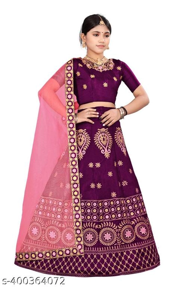 Satin Embroidered Lehenga with Choli & Dupatta for Girls (Puple & Pink, 2-3 Years)