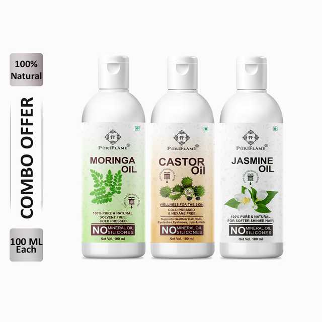 PuriFlame Pure Moringa Oil (100 ml) & Castor Oil (100 ml) & Jasmine Oil (100 ml) Combo For Rapid Hair Growth (Pack Of 3) (B-5444)