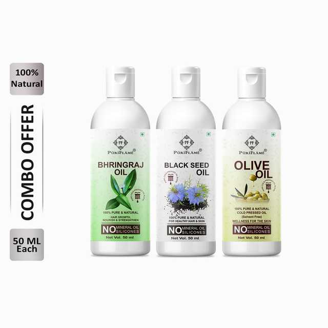 Puriflame Pure Bhringraj Oil (50 ml), Black Seed Oil (50 ml) & Olive Oil (50 ml) Combo for Rapid Hair Growth (Pack of 3) (B-9268)