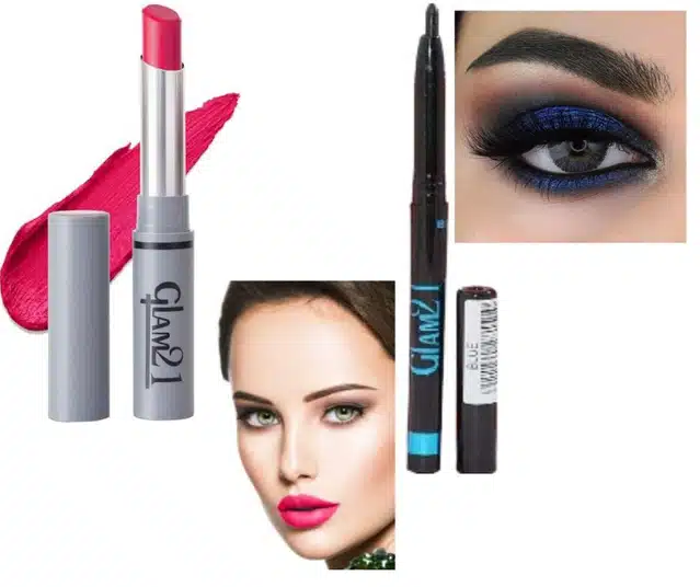 Glam21 Long Lasting Non Transfer Lipstick with Kajal (Magenta & Blue, Set of 2)