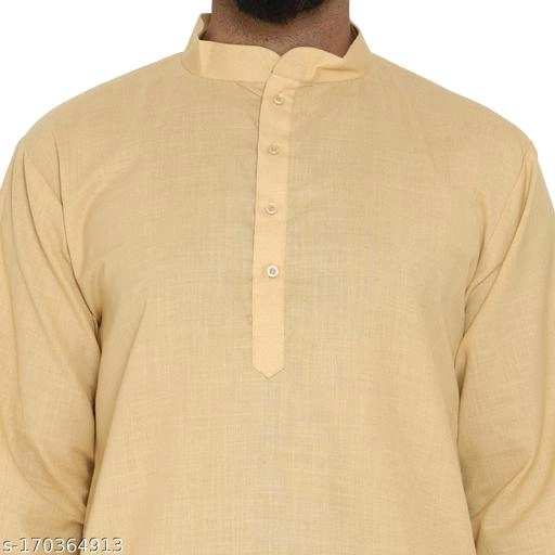 Cotton Blend Solid Kurta with Pyjama for Men (Peach & White, S)