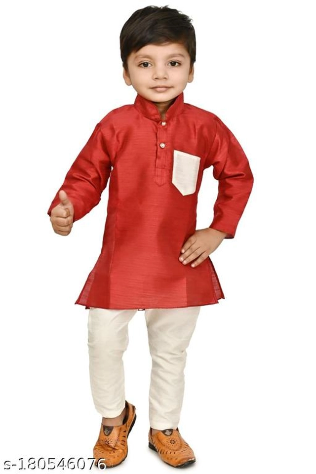 Art Silk Kurta with Pyjama Set for Kids (Maroon & White, 2-3 Years)