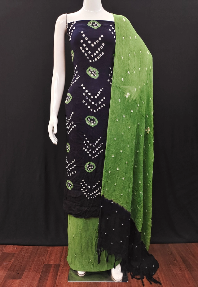 Rayon Bandhani Unstitched Suit Fabric for Women (Black & Green, 2.3 m)