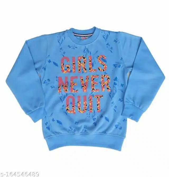 Fleece Printed Full Sleeves Round Neck Sweatshirt for Girls (Sky Blue, 3-4 Years)