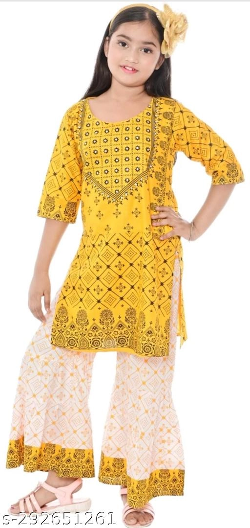 Rayon Kurta Set for Girls (Yellow & White, 5-6 Years)