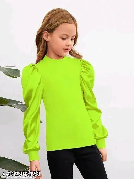 Cotton Blend Solid Top for Girls (Green, 3-4 Years)