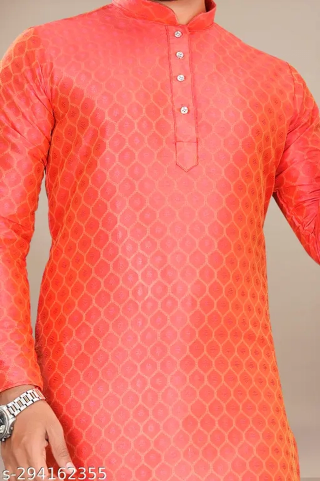 Cotton Blend Printed Kurta with Pyjama for Men (Orange & White, S)