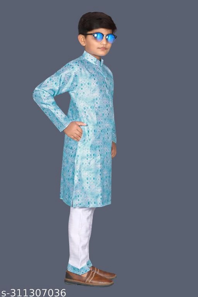 Art Silk Kurta Sets for Boys (3-4 Years, Sky Blue & White)