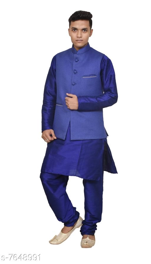 Dupion Silk Solid Kurta with Pyjama & Jacket for Men (Blue, S)