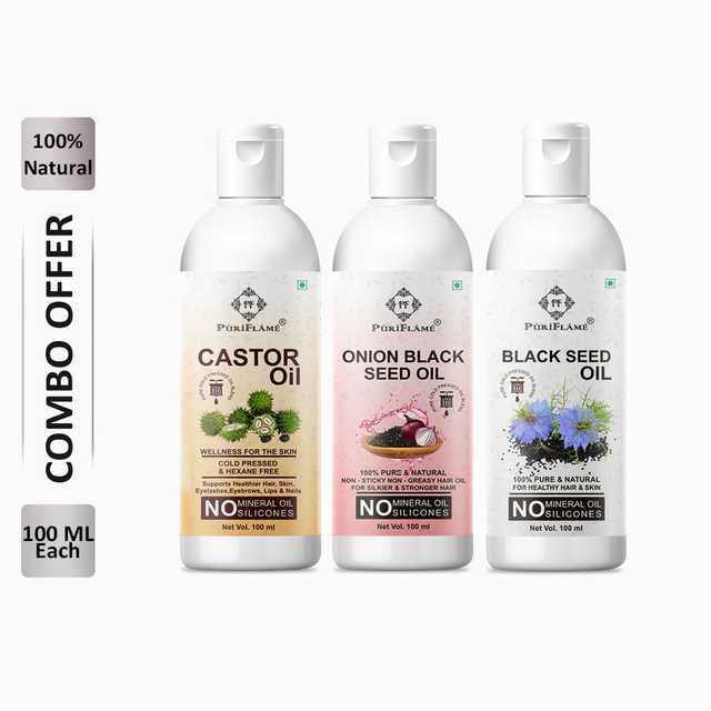 PuriFlame Pure Castor Oil (100 ml) & Onionblackseed Oil (100 ml) & Blackseed Oil (100 ml) Combo For Rapid Hair Growth (Pack Of 3) (B-3533)