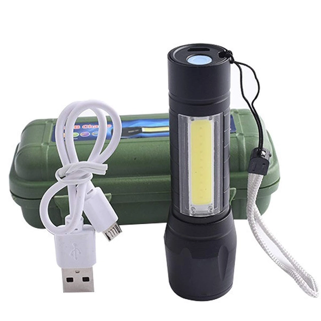 Rechargeable Mini Torch Light with COB Side Lantern (Black)