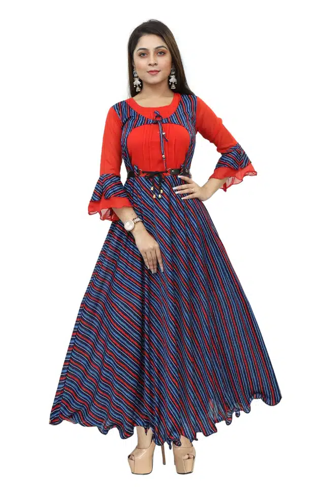 Three Quarter Sleeves Gown for Girls (Red & Blue, 9-10 Years)