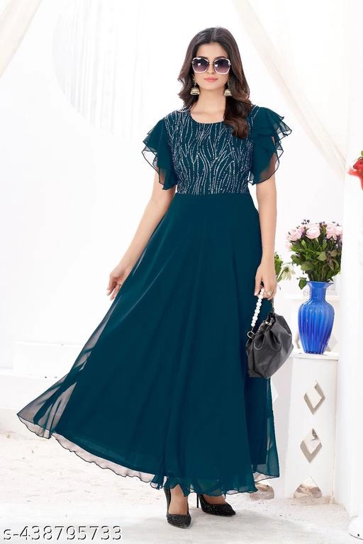 Georgette Embellished Gown for Women (Teal, S)