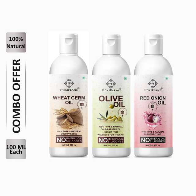 PuriFlame Pure Wheat Germ Oil (100 ml) & Olive Oil (100 ml) & Red Onion Oil (100 ml) Combo For Rapid Hair Growth (Pack Of 3) (B-8330)
