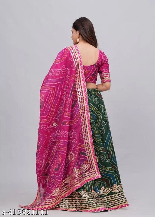 Kota Doriya Bandhani Semi Stitched Lehenga with Choli & Dupatta for Women (Pink & Green)