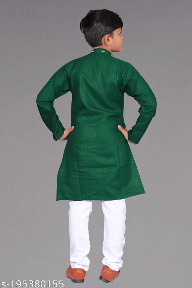 Cotton Blend Kurta Sets for Boys (3-4 Years, Green & White)