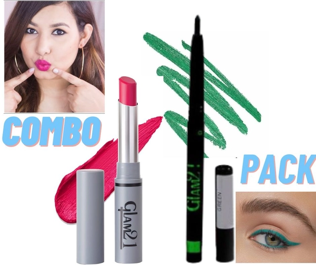 Glam21 Matte Non Transfer Lipstick with Sharpener & Glam21 Waterproof Kajal (Pink & Green, Set of 2)