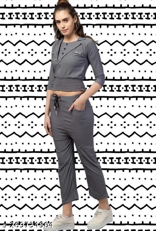 Cotton Blend Solid Top & Bottom Set for Women (Grey, L)