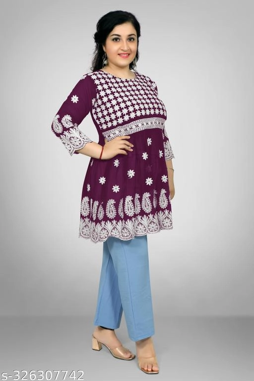 Georgette Chikankari Top for Women (Purple, XL)