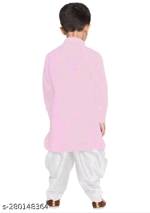 Cotton Solid Kurta with Pyjama for Boys (2-3 Years, Pink & White)