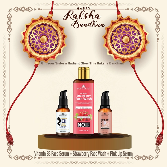 Combo of Bon Austin Vitamin B3 Facial Serum (30 ml) with Glowing Strawberry Face Wash (200 ml) & Pink Lip Serum (30 ml) (Set of 3)