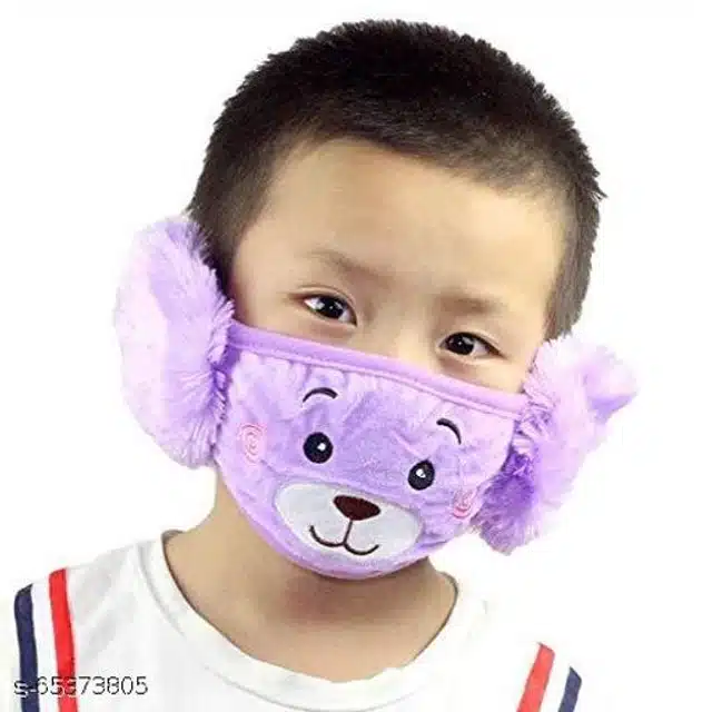 Winter Face Mask with Plush Ear Muffs for Kids (Purple, 3-10 Years)