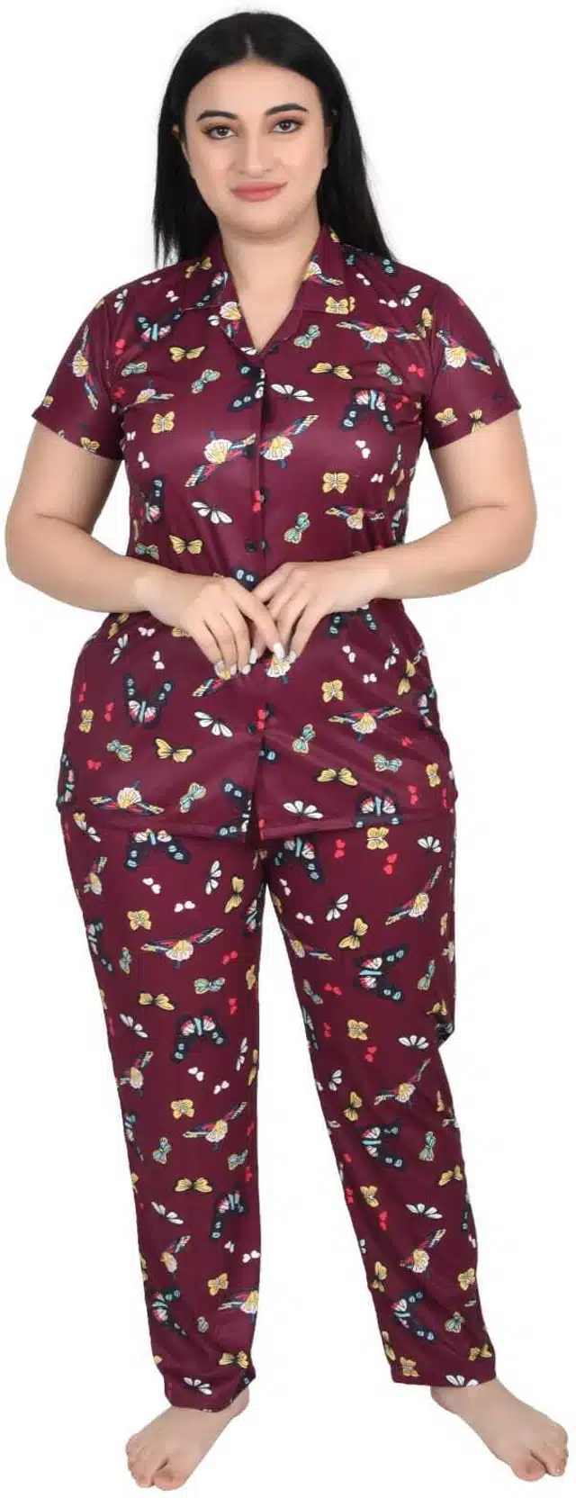 Satin Printed Night Suit for Women (Maroon, Free)