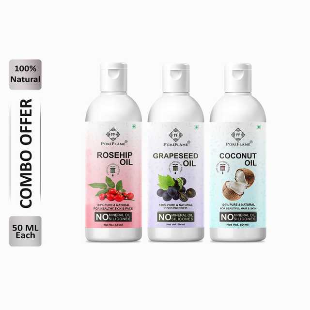 Puriflame Pure Rosehip Oil (50 ml), Grapeseed Oil (50 ml) & Coconut Oil ( 50 ml) Combo for Rapid Hair Growth (Pack Of 3) (B-13326)