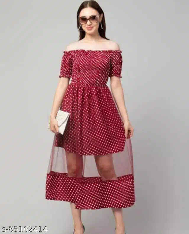 Poly Crepe Half Sleeves Dress for Women (Maroon, S)