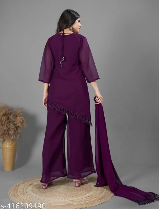 Georgette Embroidered Kurti with Sharara & Dupatta for Women (Purple, S)