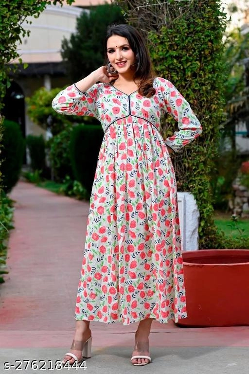 Rayon Printed Anarkali Kurti for Women (Pink, M)